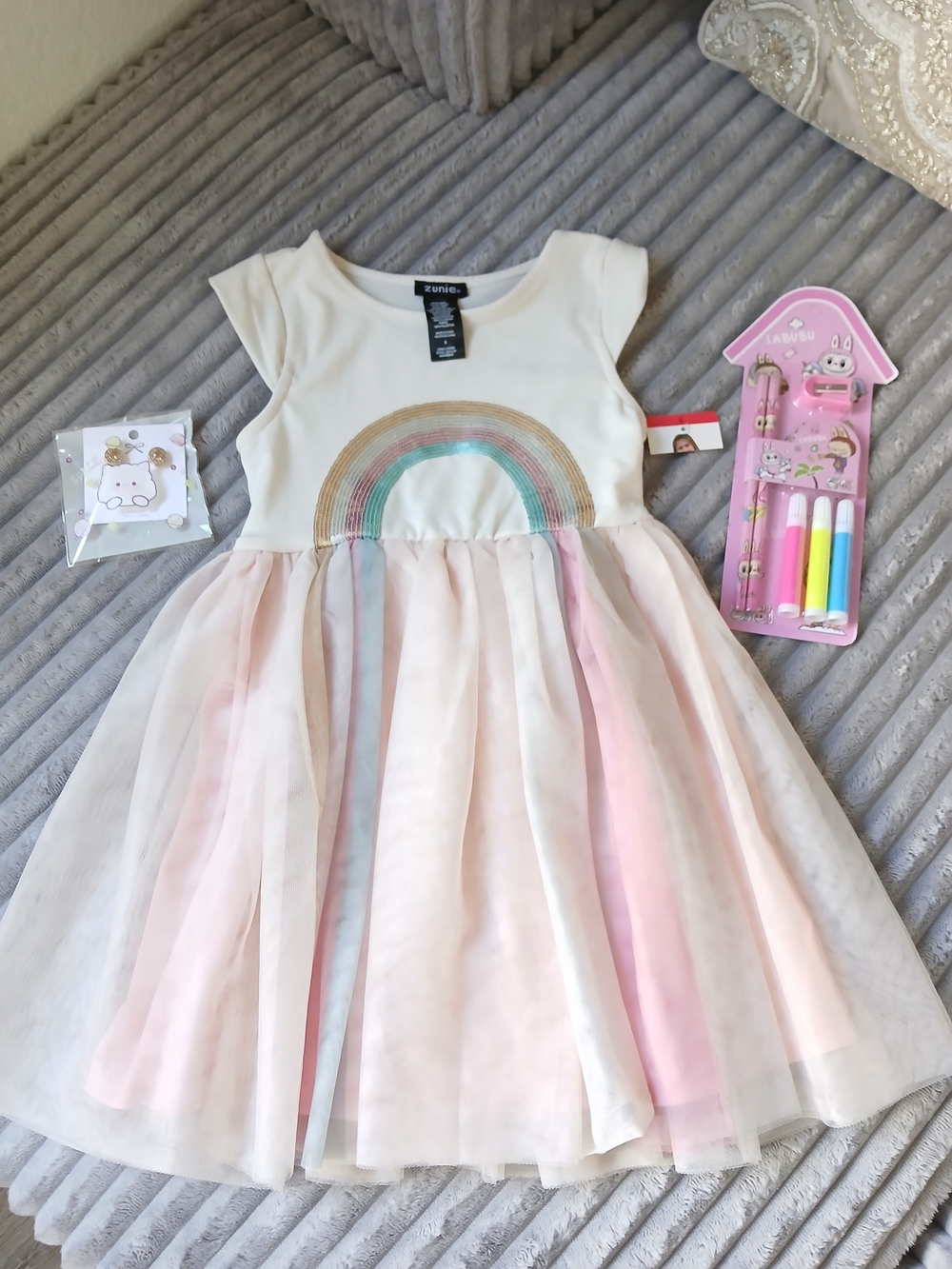 3-Pc Kids Gift Bundle: NWT Zunie Rainbow Dress, Labubu Stationery, & Earrings